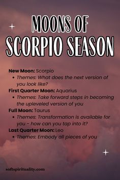 an image of the moon's of scorpio season with text over it