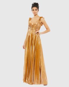 Pleated Ruffled Sleeveless Gown Gown Gold, Lame Fabric, Sleeveless Gown, Mac Duggal, Making Memories, Gold Style, Garden Party, A Garden, Jersey Fabric