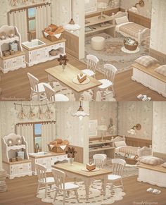 two pictures of a living room and kitchen with teddy bears on the couches, chairs, table