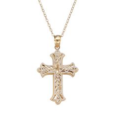 "Grace yourself with this ornate cross necklace. Decorated with a filigree cross, this 14k gold two-tone necklace is a beautiful way to display your beliefs. Comes in a gift box.PENDANT DETAILS Pendant length: 1.37 in. Chain length: 18 in. Clasp: spring-ring Metal: 14k gold, white rhodium-plated 14k gold Features: 14k gold-filled chain Size: 18"". Gender: female. Age Group: adult." Gold A Necklace, Collectible Gold Cross Pendant Necklaces, Gold Cross Necklace With Filigree, Ornate Cross Necklace With Intricate Design, Gold Filigree Cross Necklace, Gold Filigree Cross Pendant Necklace, Ornate Gold Cross Necklace, Crucifix Filigree Necklace For Gift, Hallmarked 14k Gold Cross Pendant Jewelry