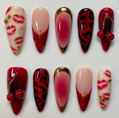 Hand painted red nails, with airbrush aura, 3D cherries and gold chrome. Artsy Nails, Romantic Nails, Gothic Nails, Nail Art Gel, Cherry Nails, Pretty Gel Nails, Party Nails, Red Nail, Nail Swag