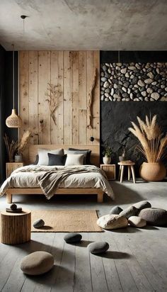 a bedroom with wood paneling and stone accents on the walls, along with large rocks