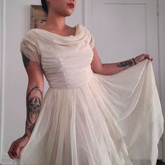 Vintage 1950s Or 60s Shirred Bodice Chiffon Party Wedding Dress In Good Condition Just Needs A Dry Clean....Zipper Has Been Replaced And Now Works Perfect Color Is Off White Has No Size But Fits Like A Modern 3/4 Measurements Flat: Bust 17" Waist 13" Length 41" Tool Dresses, Tool Dress, Wedding Dress Color, Party Wedding Dress, 60s Vintage, Colored Wedding Dresses, Wedding Party Dresses, Vintage 1950s, Party Wedding