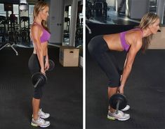 two pictures of a woman doing squats with dumbbells and holding a kettle