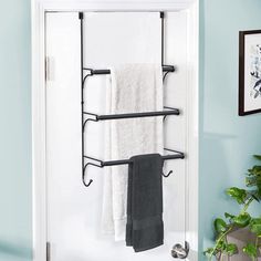 Flexible-the position of the scalable design is easy to adjust, and it can be adjusted freely between 33 cm-56cm Rebrilliant | Rebrilliant Adjustable Over The Door Triple Towel Rack w / Hooks in Black | 24" H X 6" L X 26" D | Wayfair E730337EA98B4E3DB56B6E0EB5E09F69 Over The Door Towel Rack, Door Towel Rack, Wall Mounted Towel Holder, Dorm Storage, Spa Like Bathroom, Kitchen Clean, Towel Holder Bathroom, Modern Bathrooms, Kids Table And Chairs