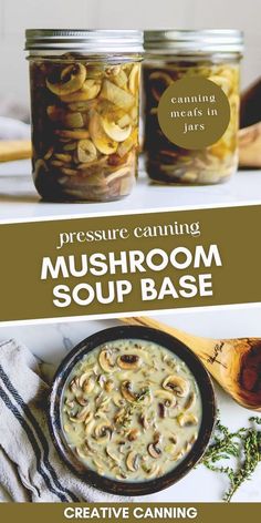 two jars filled with mushroom soup on top of a table