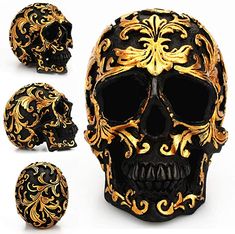 three different views of a gold and black skull