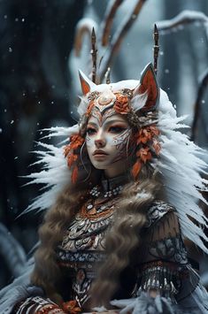 a woman with white and orange makeup is dressed as a fox in the snow, surrounded by feathers