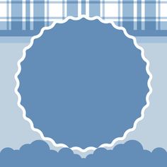 a blue and white plaid background with a circle in the center surrounded by small clouds