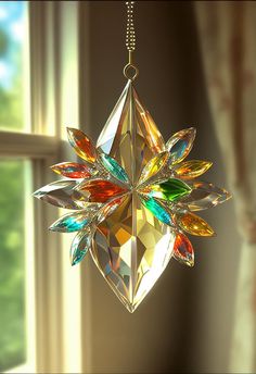 a glass ornament hanging from a window