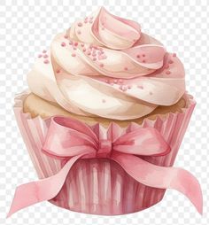 a cupcake with pink frosting and a bow on top, transparent background png