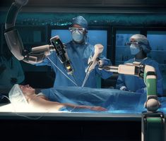 three doctors in scrubs are performing surgery on a patient's body, with medical equipment around them