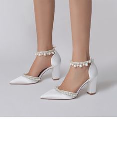 JJ's House Pearl Rhinestone Women's Block Heel Wedding Party Summer Wedding Heels Bridal Shoes Elegant Satin Buckle Solid Color Point Toe Wedding Shoes. #JJ's House #Pearl #Rhinestone #Women's #BlockHeel #Wedding #Party #Summer #WeddingHeels #BridalShoes #Elegant #Satin #Buckle #SolidColor #PointToe #WeddingShoes White Pumps, Crystal Chain, Pointed Toe Heels, Heel Shoes, Chunky Heel, Bridal Shoes, Primavera Estate, Haiti, Low Heels