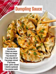 dumpling sauce in a white bowl with chopsticks on the side and instructions for how to make dumpling sauce