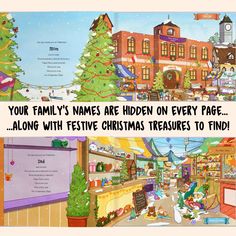 there is a christmas card with the words your family's names are hidden on every page along with festive christmas treasures to find