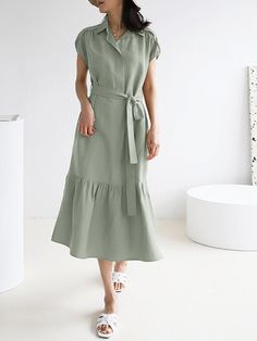 Solid Slit Pocket Lapel Short Sleeve Dress with Belt Simple Casual Dress, Women Korean Fashion, Cotton Long Dress, Dress Pockets, Dress A Line, Vintage Style Dresses, Dress With Belt, Long Summer Dresses, Style Dresses