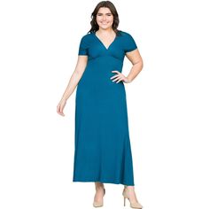 Elegance and comfort in one! The Empire Waist V Neck Plus Size Maxi Dress has an air of simple elegance featuring an empire waist, v neckline, short cap sleeves, a line design, and figure flattering fit. Made in the USA from a comfortable stretch material. 95% rayon 5% spandex. Character Fashion, Plus Size Maxi Dress, Empire Waist Dress, Plus Size Maxi, Plus Size Maxi Dresses, Simple Elegance, Line Design, Empire Waist, Jumpsuit Dress