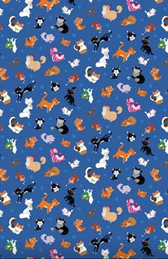 a blue background with cats and dogs on it