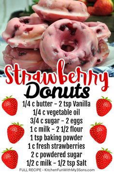 strawberry donuts are stacked on top of each other with the words, strawberry donuts