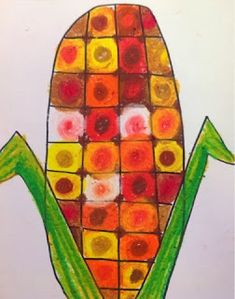 a drawing of a corn on the cob made with colored pencils and crayons