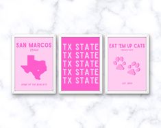 three pink and white posters with the names of texas, texas state and cat's footprints