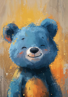 a painting of a blue teddy bear with yellow spots on it's face and chest