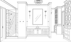 a line drawing of a bathroom with shower, sink and cabinets