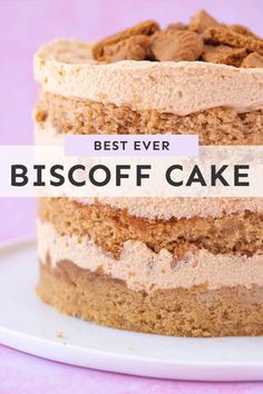 the best ever biscoff cake recipe on a white plate with pink and purple background