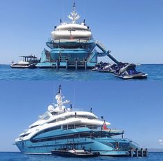 two pictures of a large boat in the ocean