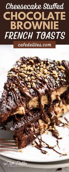 chocolate stuffed brownie french toast on a white plate