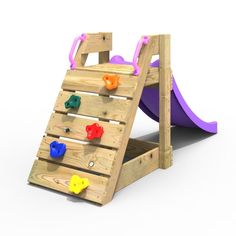 a children's wooden slide with colorful slides