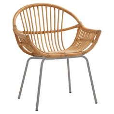 a rattan chair with metal legs and an armrest, on a white background