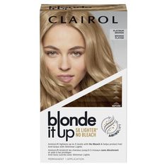 Clairol Blonde It Up Permanent Hair Color Lightening Kit, Platinum Bronde, 1 Application, Hair Dye. Meet Clairol Blonde It Up, our most advanced blonding system that lightens hair up to 5 levels with NO BLEACH. What's the secret? Our patented AminoLift Technology effectively lifts pigments inside the hair, while the AminoGlycine Complex helps protect hair's natural keratin and protein and helps keep its structure intact. The results? Hair up to 5 levels lighter without the side effects of bleach Best Toners For Bleached Hair, Color Freedom Cream Bleach, Best Box Bleach Hair Dye, Using 20 Developer To Lighten Hair, Best Box Hair Dye Blonde, Hair Color Platinum, Blonde Toner, How To Lighten Hair, Shimmer Lights