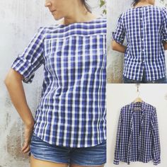 an image of a woman wearing shorts and a blue checkered shirt with short sleeves