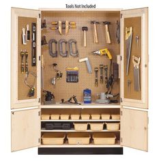 a wooden tool cabinet filled with lots of tools