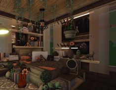 a living room filled with lots of furniture and plants on top of it's shelves