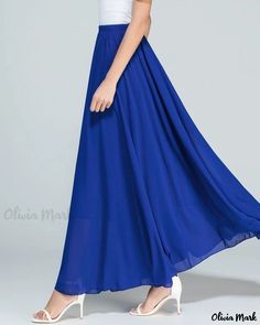 OliviaMark - Elegant Solid Color Chiffon Maxi Skirt: Stylish High-Waisted Resort Skirt Perfect for Vacation or Beach Getaways Flowy Skirt Dress In Solid Color, Flowy Solid Color Beach Skirt, Solid Color Flowy Beach Skirt, Flowy Solid Color Maxi Skirt, Long Summer Skirt For Bridesmaid, Solid Color Skirt With Elastic Waistband, Blue Flowy Party Skirt, Flowy Blue Party Skirt, Beach Pleated Maxi Skirt