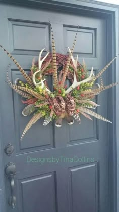 an antler wreath on the front door