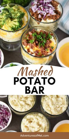 mashed potato bar with broccoli, onions and cheese