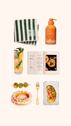 an assortment of food and drink items are arranged on a white background with the words salita above them