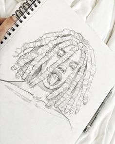 a drawing of a woman's face with dreadlocks on her head and hands