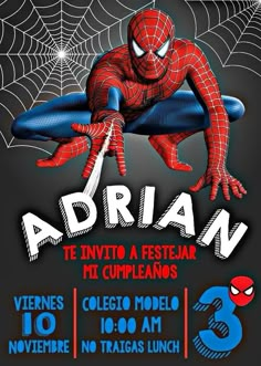 a spiderman birthday party poster with the name adrian on it