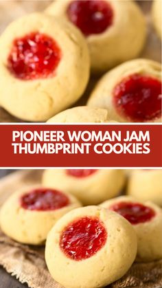 some cookies with jam on them and the words, pioneer woman jam thumbprint cookies