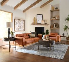 a living room filled with furniture and a fire place in the middle of a room