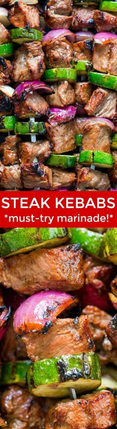 steak kebabs are piled on top of each other