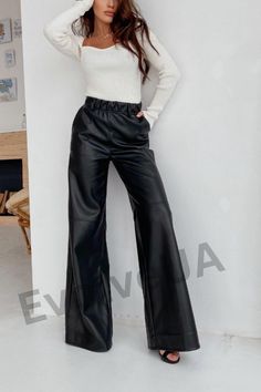 pants inseam is 33 1/3 inches or 85 cm Vegan leather pants palazzo style PU leather pants are perfect for everyday looks and special occasions, hippie parties, biker women and trendsetters ;) DETAILS - vegan leather wide leg pants - palazzo style - high rise - perfect fit - functional pockets - elastic band in waist - highest quality faux leather MATERIAL faux leather (vegan) leather SIZE Pants are available in 1 size S/M but I can also make other sizes (from 0 till 14 (US numeric) or XS - 1X si Leather Flare Pants Outfits, Leather Pants For Women, Leather Wide Leg Pants, Hockey Outfits, Biker Women, Black Palazzo Pants, Vegan Leather Pants, Hippie Party, Vegan Style