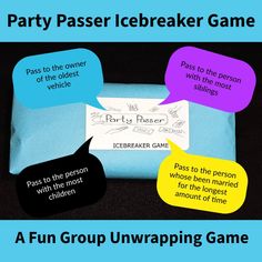 the party passer icebreakerr game is shown with four speech bubbles above it