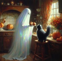 a painting of a ghost standing in front of a kitchen counter next to a black cat