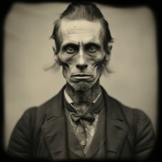 an old man wearing a suit and bow tie with his face painted like abraham lincoln