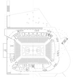 the floor plan for an indoor basketball court, with seating areas on one side and two courts on the other